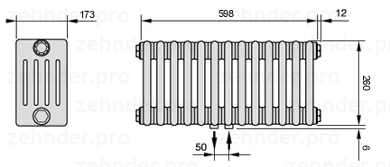 Схема (чертеж) Радиатор Zehnder Charleston 5026/13 №5410 Белый глянцевый RAL 9016